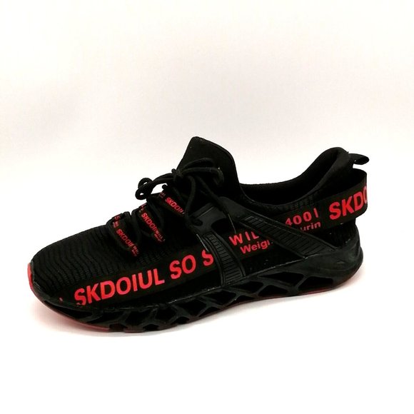 Skdoiul Mens Sneaker Black w/Red Lettering Lace Up Round Toe Flat Heel EUR 42.5 - Picture 1 of 9